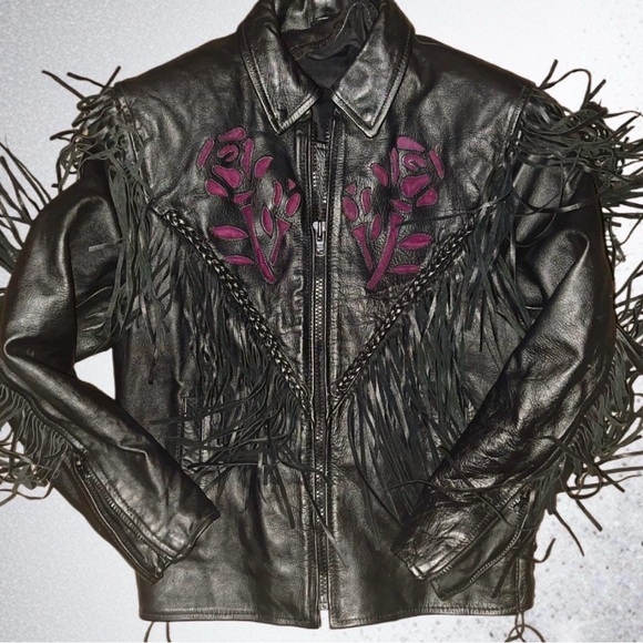 Vintage 90’s Geniune Leather Fringe Braided Rose Biker Jacket 💟 - Picture 3 of 6